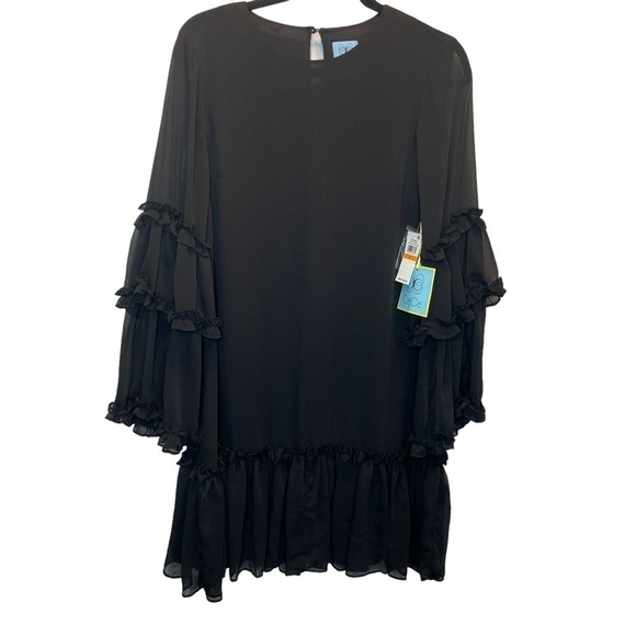 CeCe Ruffle Chiffon Shift Dress in Rich Black Small NWT NEW - Picture 2 of 7